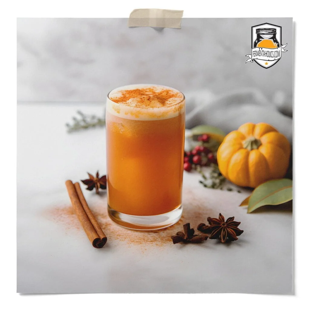 Glass Of Pumpkin Spice Kombucha Topped With Frothy Foam And Cinnamon, Surrounded By Pumpkin, Cinnamon Sticks, Star Anise, And Whole Cloves.