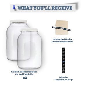 2 One Gallon Glass Kombucha Jars with Muslin Covers, Rubber Bands, and Temperature Strips