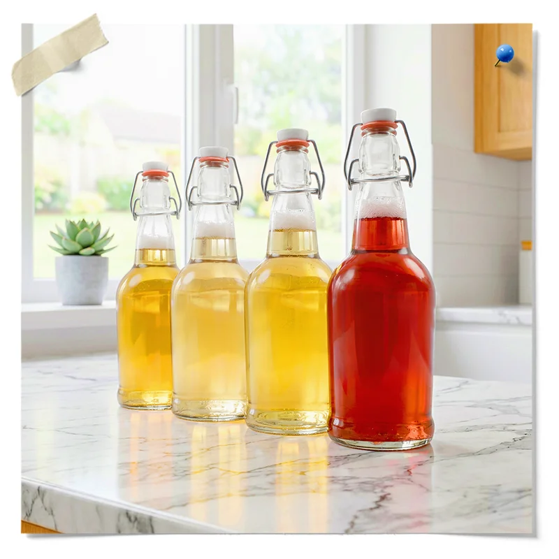 Four Swing-Top Glass Bottles Filled With Golden And Red Fermented Beverages On A Kitchen Counter.