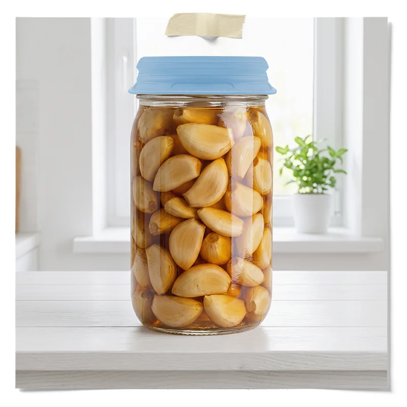 Glass Fermentation Jar Filled With Peeled Garlic Cloves In Amber Brine, Topped With A Blue Silicone Fermentation Lid For Fermenting Garlic.