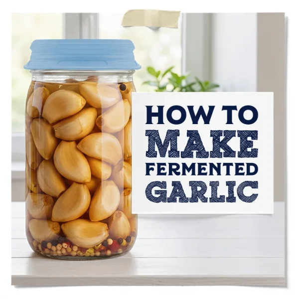 Glass Jar Of Garlic Cloves And Spices In Brine With A Blue Silicone Fermentation Lid Beside Text Reading “How To Make Fermented Garlic.”
