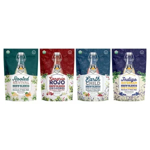 Fermentaholics Kombucha Brew Blends Bundle with Rooted Revival, Sangria Rojo, Earth Child, and Indigo Daydream secondary fermentation flavors.