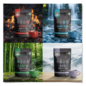 Fermentaholics Earth, Water, Fire, and Air Kombucha Tea Blends, each pictured with a teacup and a themed background: jungle, waterfall, volcano, and mountain landscape.