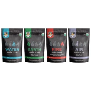 Fermentaholics Certified Organic Kombucha Tea Blends in Earth, Water, Fire, and Air flavors for first fermentation, USDA Certified Organic and OU Kosher.