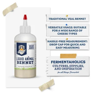 Liquid Animal Rennet 2 fl oz bottle with feature callouts highlighting traditional veal rennet, versatile use for a wide range of cheese types, and an easy-measure drop cap.