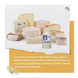Liquid animal rennet bottle displayed with an assortment of artisan cheeses, highlighting its use for making a variety of homemade cheeses.
