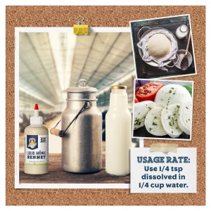 Liquid animal rennet beside milk containers with fresh cheese examples and usage instructions for diluting 1/4 teaspoon in 1/4 cup of water.