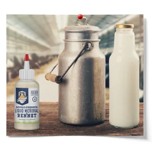 Double-strength liquid microbial rennet bottle displayed beside vintage milk cans and fresh milk bottles for vegetarian-friendly homemade cheese making.