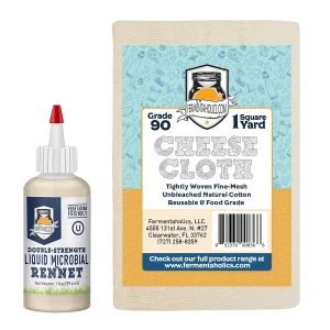 Liquid Microbial Rennet + Cheesecloth Bundle for homemade cheese making.