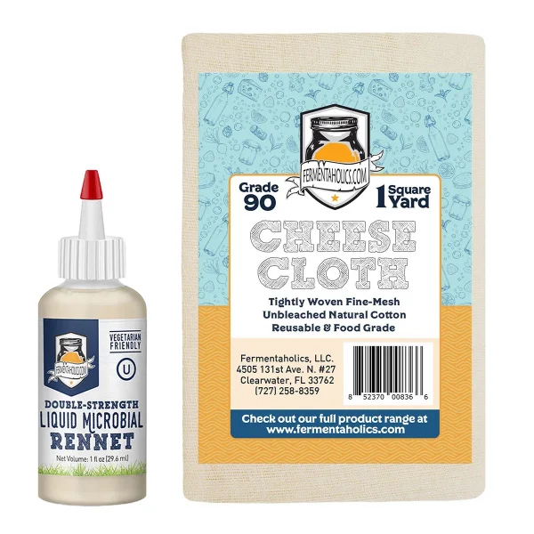 Liquid Microbial Rennet + Cheesecloth Bundle for homemade cheese making.