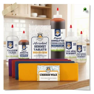 Fermentaholics cheesemaking supplies collection featuring cheese wax, microbial rennet tablets, liquid animal and microbial rennet, calcium chloride, and liquid annatto cheese color.