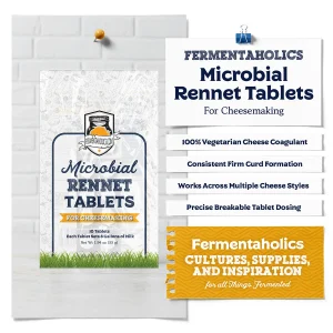 Fermentaholics microbial rennet tablets for cheesemaking with packaging highlighting vegetarian cheese coagulant, firm curd formation, multiple cheese styles, and breakable tablet dosing.