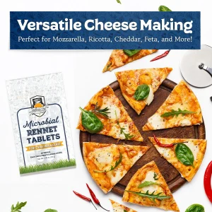 Fermentaholics microbial rennet tablets beside mozzarella pizza slices, highlighting versatile cheesemaking for mozzarella, ricotta, cheddar, feta, and other cheeses.