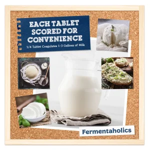 Collage showing a milk pitcher surrounded by fresh homemade cheeses, illustrating that scored microbial rennet tablets coagulate 1–3 gallons of milk for cheesemaking.