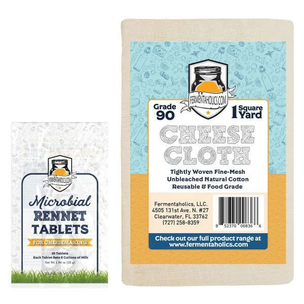 Microbial Rennet Tablets + Cheesecloth Bundle for homemade cheese making.