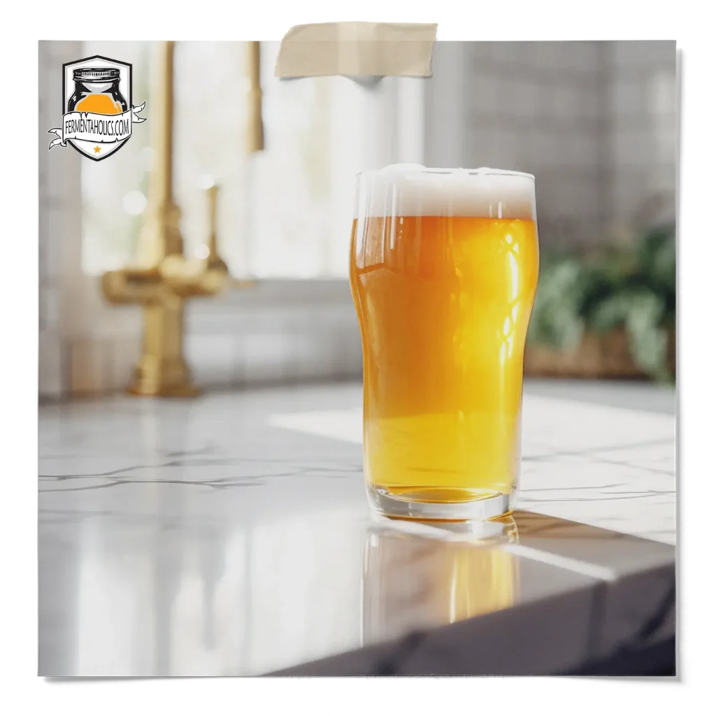 Glass Of Golden Beer With A Foamy Head Displayed On A Countertop.
